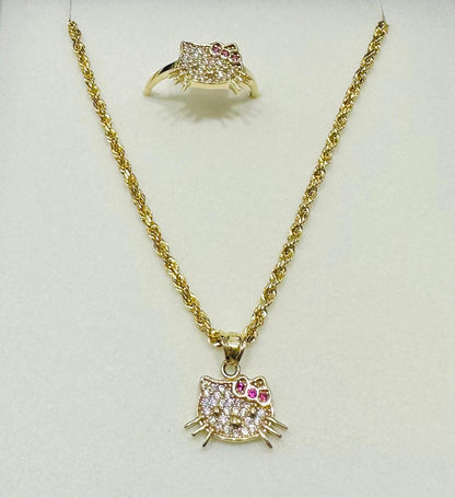 10K GOLD KITTY NECKLACE, PENDANT, AND RING SET WITH CZ STONES
