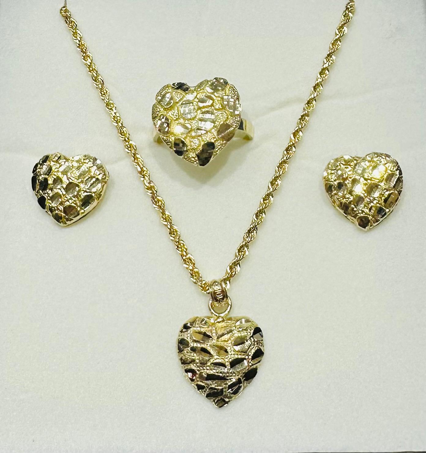 10K GOLD HEART NECKLACE, PENDANT, RING AND EARRINGS SET – Saad - Main Image