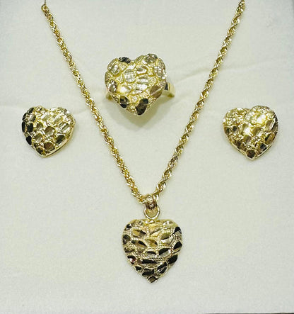 10K GOLD HEART NECKLACE, PENDANT, RING AND EARRINGS SET