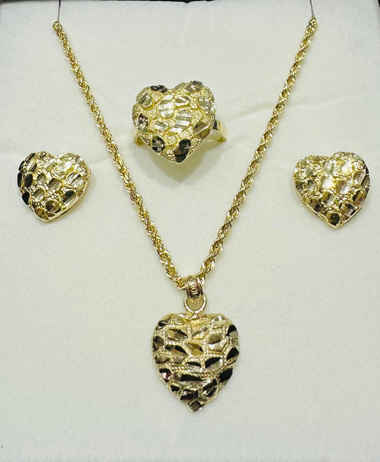 10K GOLD HEART NECKLACE, PENDANT, RING AND EARRINGS SET