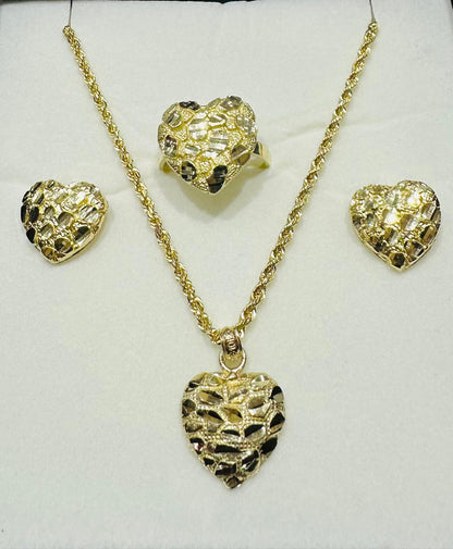 10K GOLD HEART NECKLACE, PENDANT, RING AND EARRINGS SET