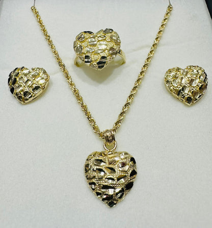 10K GOLD HEART NECKLACE, PENDANT, RING AND EARRINGS SET