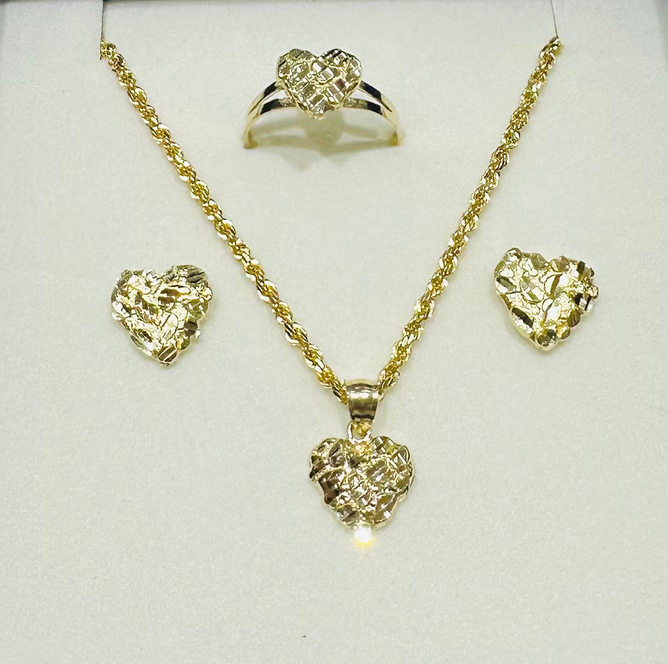 10K GOLD HEART NECKLACE. PENDANT, RING AND EARRINGS SET
