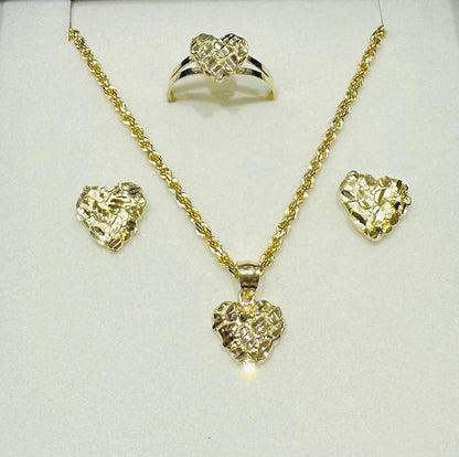 10K GOLD HEART NECKLACE. PENDANT, RING AND EARRINGS SET