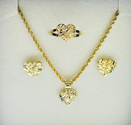 10K GOLD HEART NECKLACE. PENDANT, RING AND EARRINGS SET
