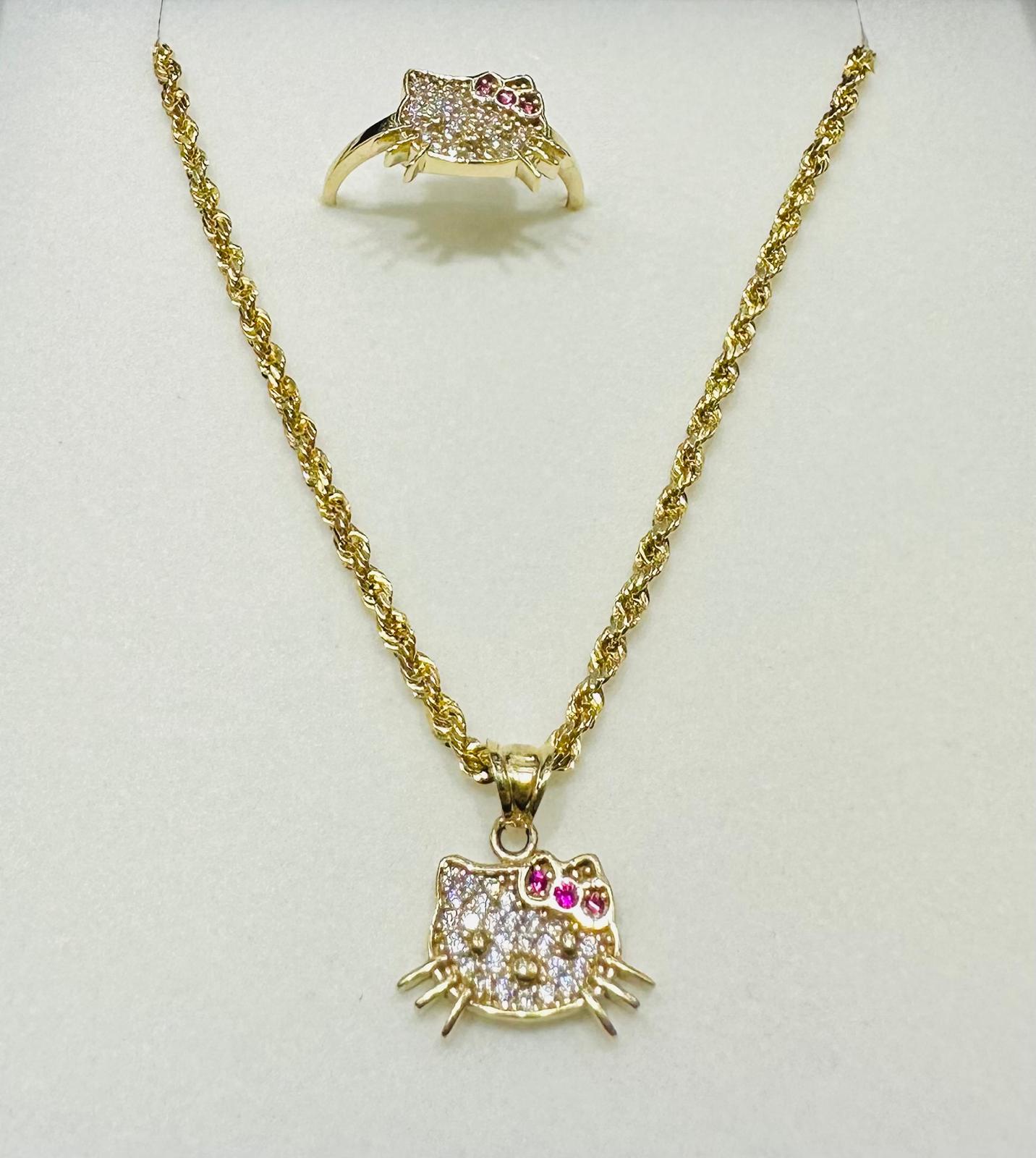 10K GOLD KITTY NECKLACE, PENDANT, AND RING SET WITH CZ STONES