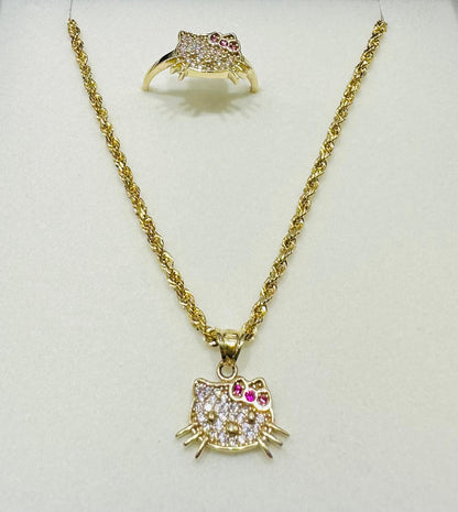 10K GOLD KITTY NECKLACE, PENDANT, AND RING SET WITH CZ STONES