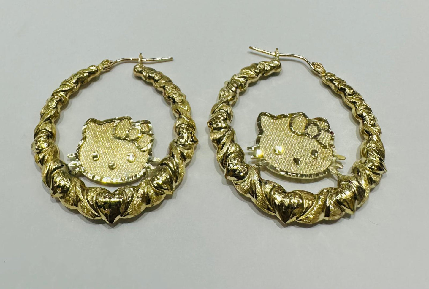 10K GOLD KITTY CUSTOM MADE HOOP EARRINGS