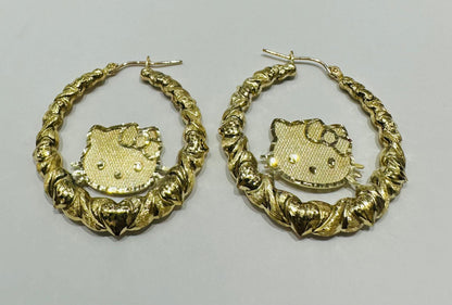 10K GOLD KITTY CUSTOM MADE HOOP EARRINGS