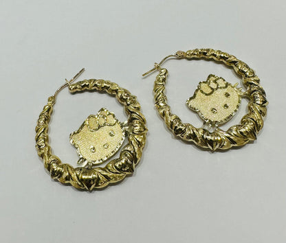 10K GOLD KITTY CUSTOM MADE HOOP EARRINGS