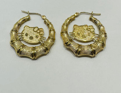 10K GOLD KITTY CUSTOM MADE HOOP EARRINGS