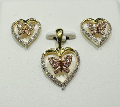 10K GOLD DIAMOND HEART BUTTERFLY PENDANT AND EARRINGS SET- 0.25CTW
