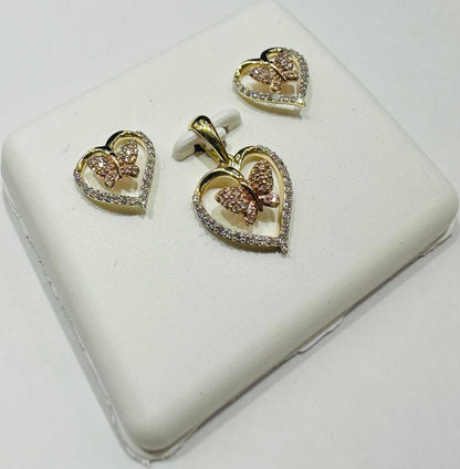 10K GOLD DIAMOND HEART BUTTERFLY PENDANT AND EARRINGS SET- 0.25CTW