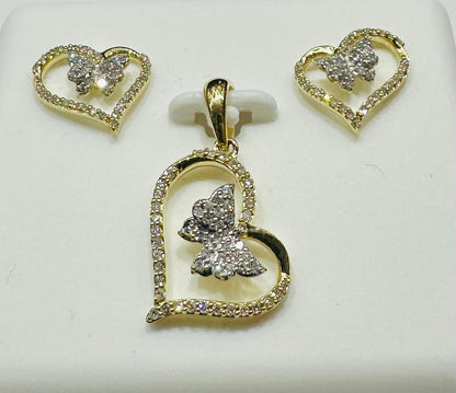 10K GOLD DIAMOND BUTTERFLY HEART PENDANT AND EARRINGS SET- 0.30CTW