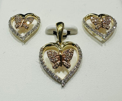 10K GOLD DIAMOND HEART BUTTERFLY PENDANT AND EARRINGS SET- 0.25CTW