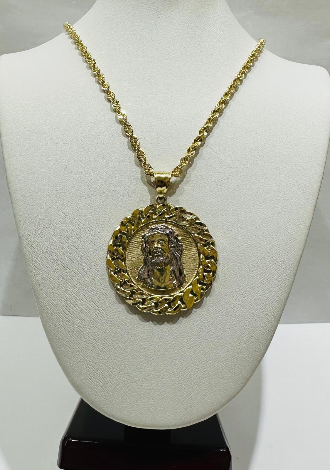 10K GOLD TWO TONED ROUND JESUS PENDANT AND NECKLACE SET-20" WEIGHT: 10.0gm