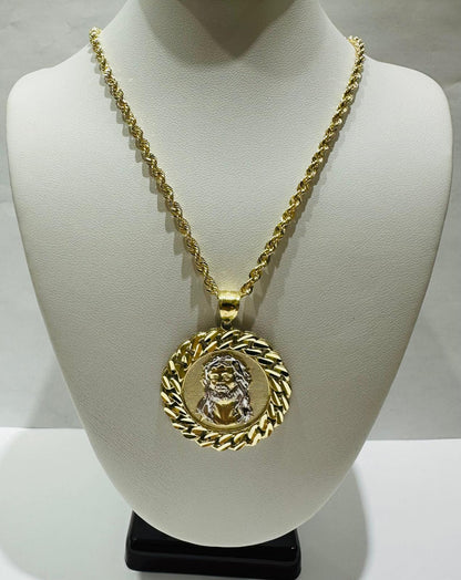 10K GOLD TWO TONED ROUND JESUS PENDANT AND NECKLACE SET-20" WEIGHT: 10.0gm