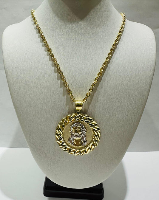 10K GOLD TWO TONED ROUND JESUS PENDANT AND NECKLACE SET-20" WEIGHT: 10.0gm