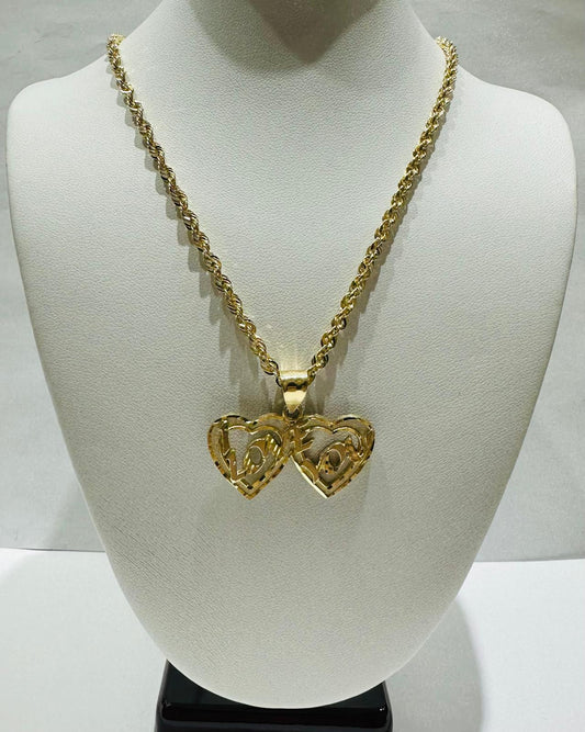 10K GOLD HEART LOVE PENDANT NECKLACE SET-24" WEIGHT: 7.1gm