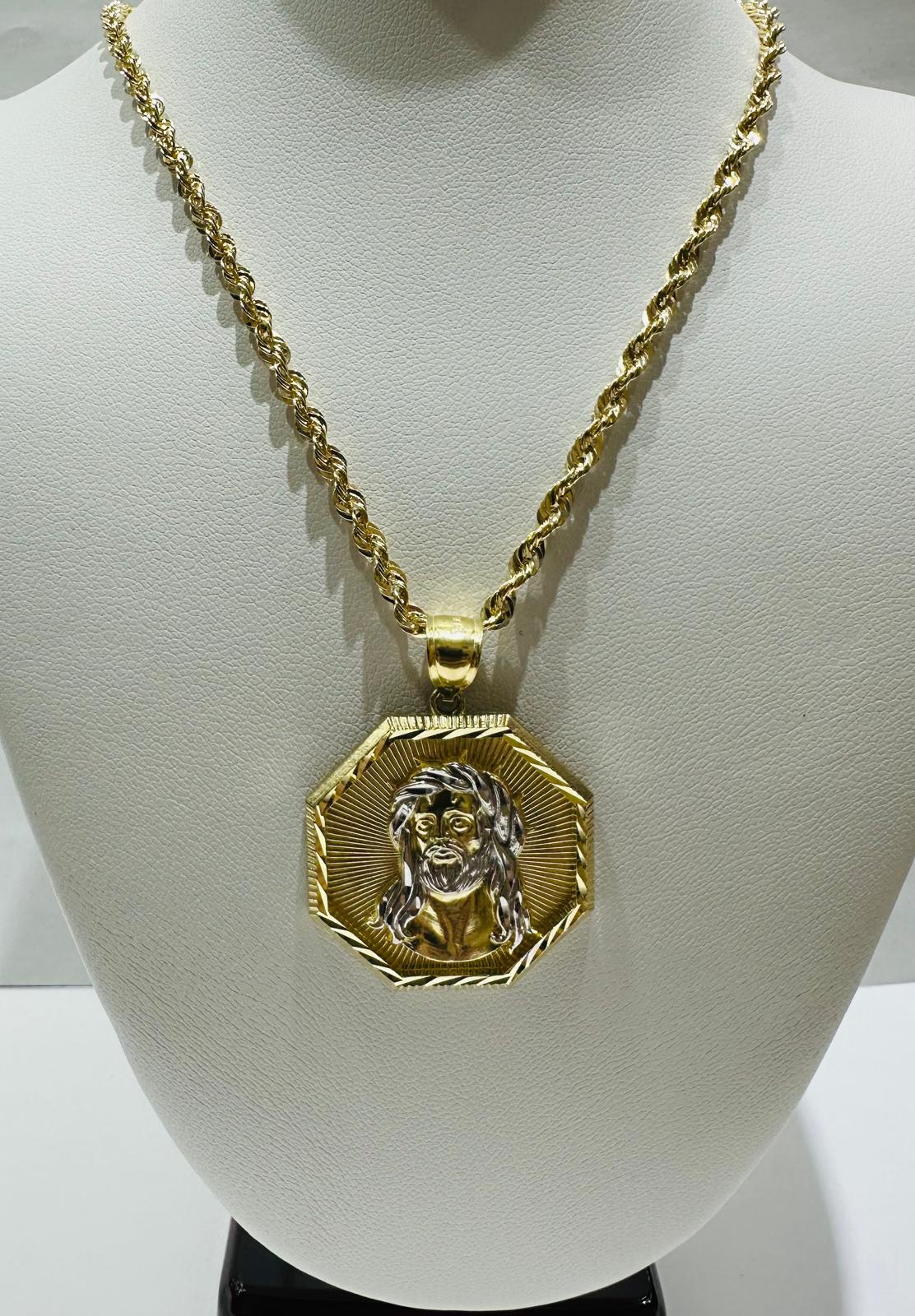 10K GOLD TWO TONED ROUND JESUS PENDANT NECKLACE SET-24" WEIGHT: 9.0gm