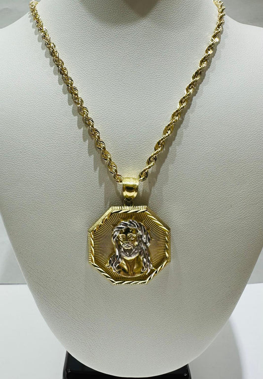 10K GOLD TWO TONED ROUND JESUS PENDANT NECKLACE SET-24" WEIGHT: 9.0gm