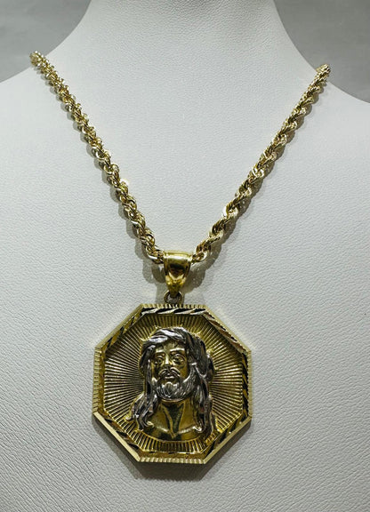 10K GOLD TWO TONED ROUND JESUS PENDANT NECKLACE SET-20" WEIGHT: 7.7gm