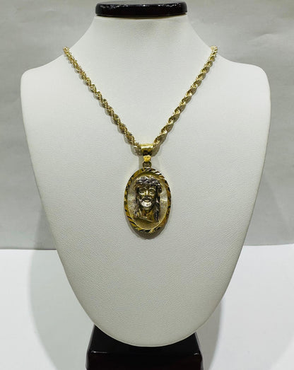 10K GOLD TWO TONED ROUND JESUS PENDANT NECKLACE SET-20" WEIGHT: 7.7gm
