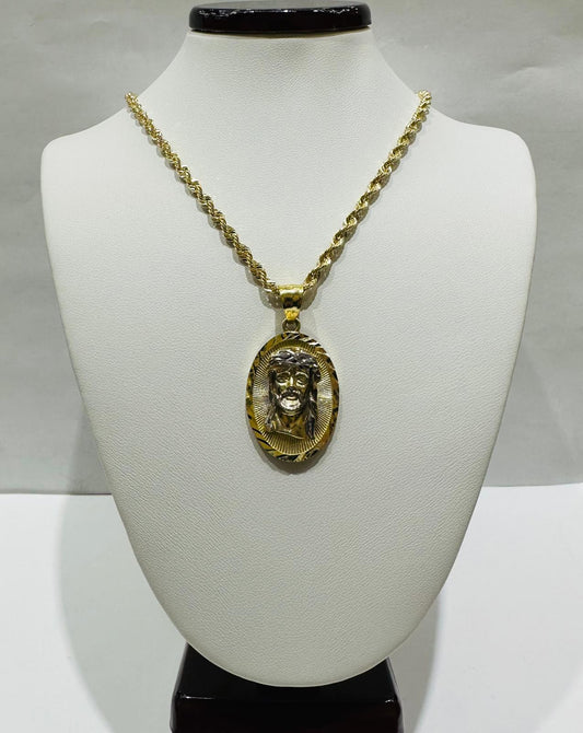 10K GOLD TWO TONED ROUND JESUS PENDANT NECKLACE SET-20" WEIGHT: 7.7gm