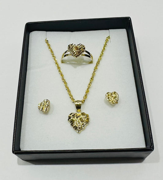 10K GOLD HEART NECKLACE, PENDANT, RING AND EARRINGS SET