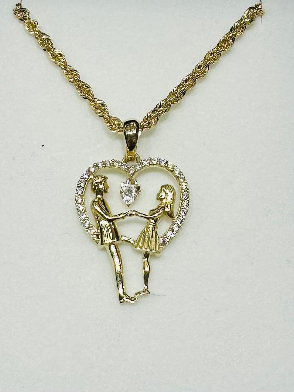 10K GOLD HEART PENDANT NECKLACE SET WITH CZ STONES