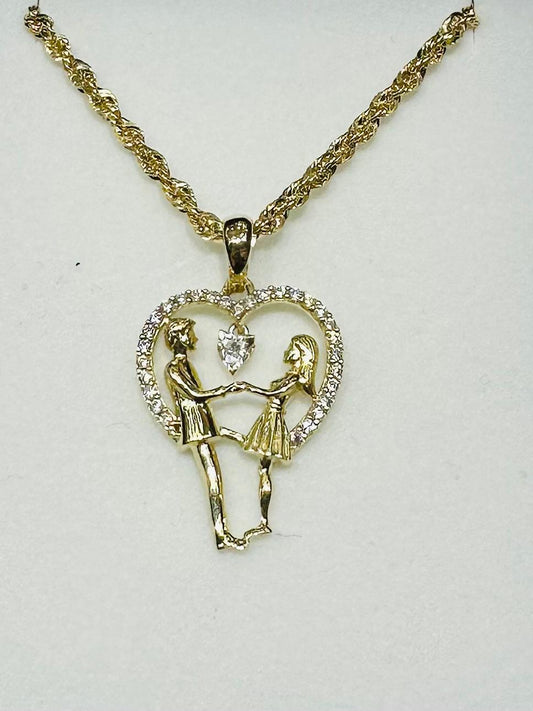 10K GOLD HEART PENDANT NECKLACE SET WITH CZ STONES