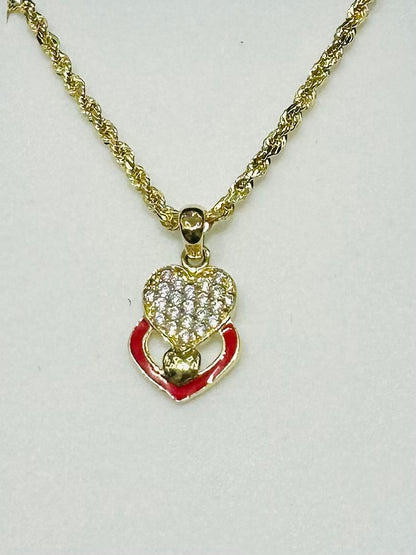 10K GOLD HEART PENDANT NECKLACE SET WITH CZ STONES