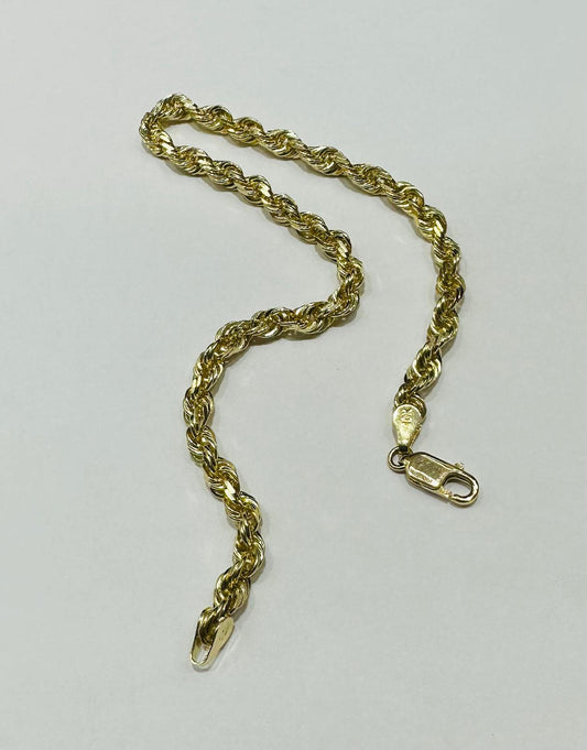 10K SOLID GOLD ROPE BRACELET 9" 4.35mm, 11.2gm
