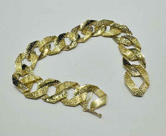 10K GOLD DIAMOND CUT GREEK CUBAN LINK BRACELET 8" 11.45mm, 34.7gm