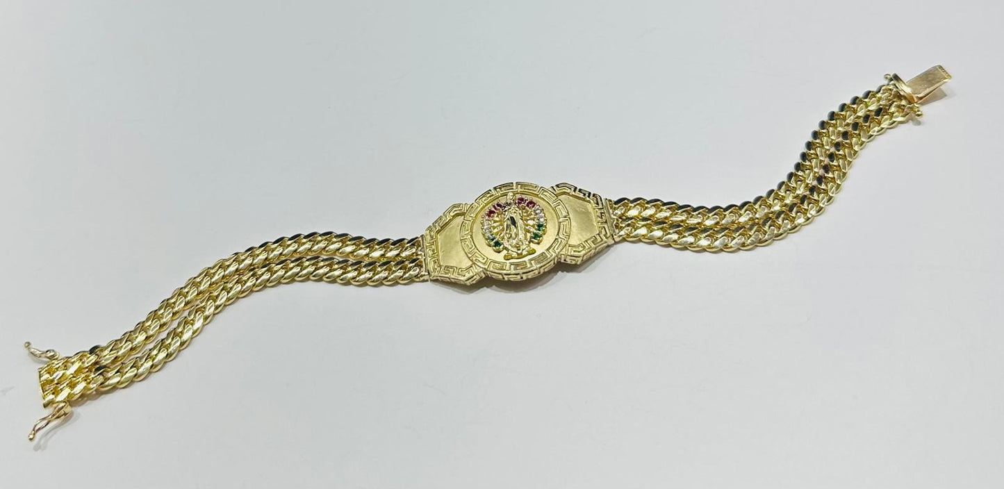 10K GOLD VIRGIN MARY DOUBLE CUBAN LINK BRACELET 8" 34.8gm
