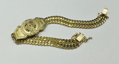 10K GOLD VIRGIN MARY DOUBLE CUBAN LINK BRACELET 8" 34.8gm