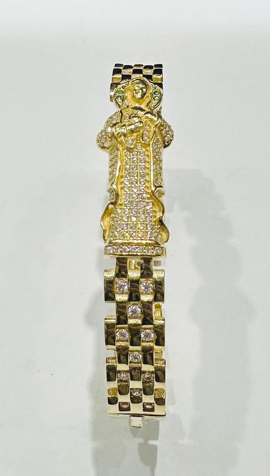 10K GOLD SACRED HEART OF MARY ROLEX BRACELET WITH CZ STONES- 20.5gm
