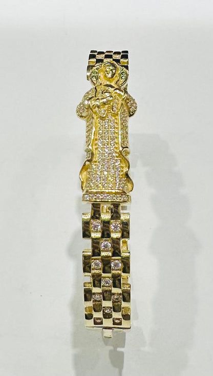 10K GOLD SACRED HEART OF MARY ROLEX BRACELET WITH CZ STONES- 20.5gm