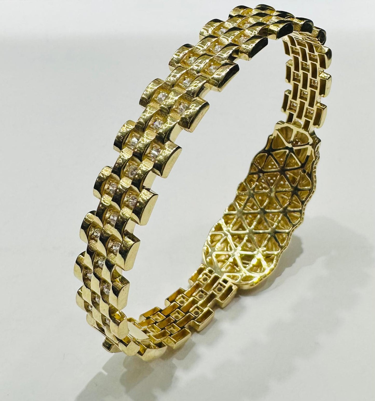 10K GOLD GUADALUPE ROLEX BRACELET WITH CZ STONES- 22.6gm