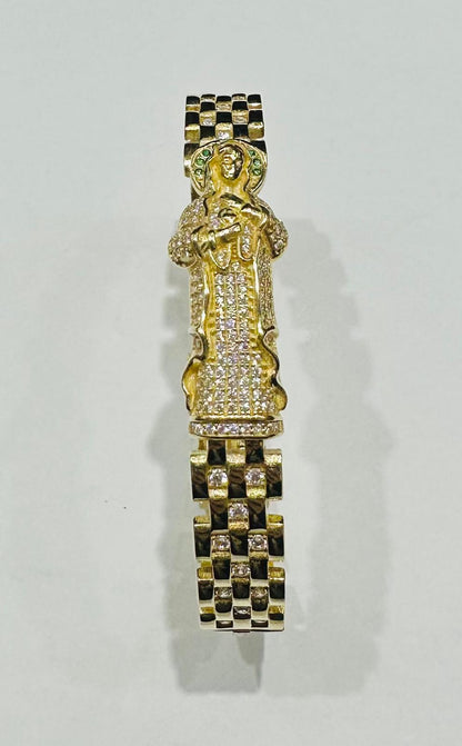 10K GOLD SACRED HEART OF MARY ROLEX BRACELET WITH CZ STONES- 20.5gm