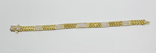 10K GOLD ROLEX LINK BRACELET WITH CZ STONE 8.5" 16.7gm