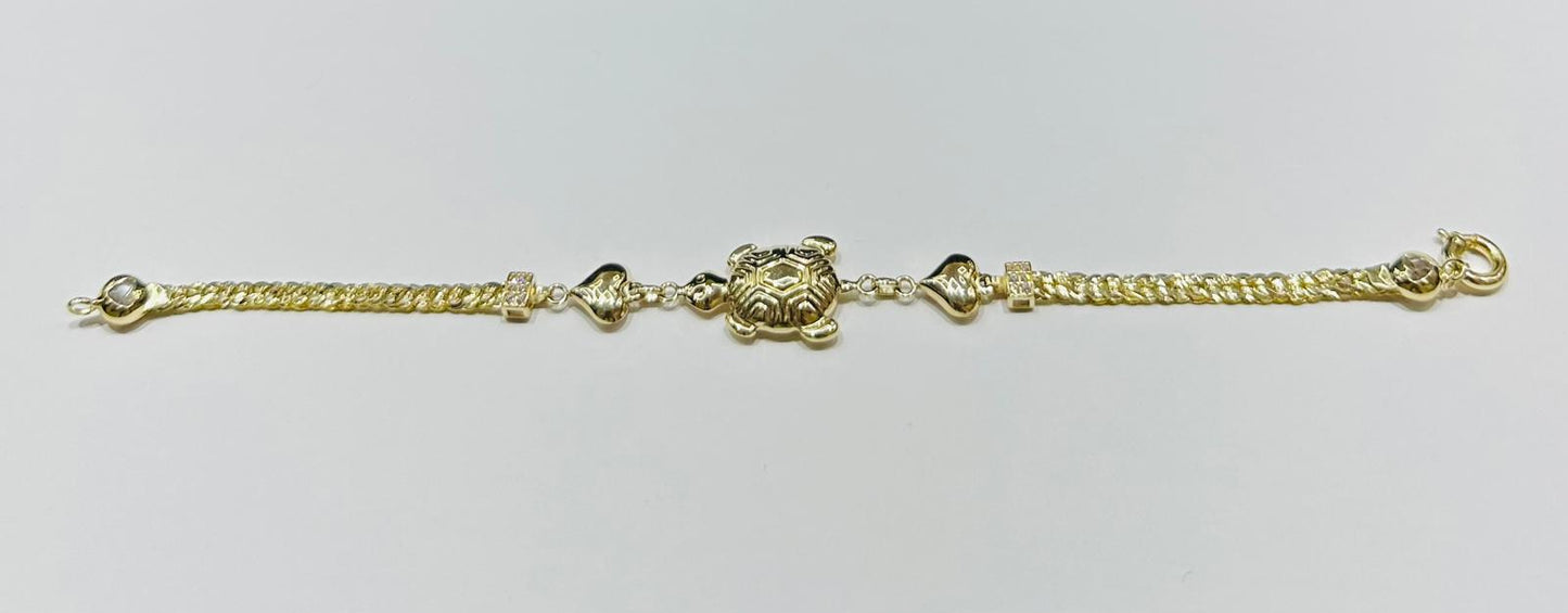 10K GOLD TURTLE AND HEART LINK BRACELET 7.5" - 5.8gm