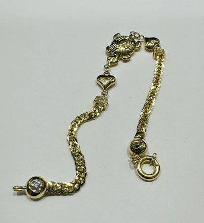10K GOLD TURTLE AND HEART LINK BRACELET 7.5" - 5.8gm