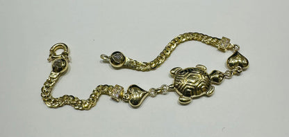 10K GOLD TURTLE AND HEART LINK BRACELET 7.5" - 5.8gm