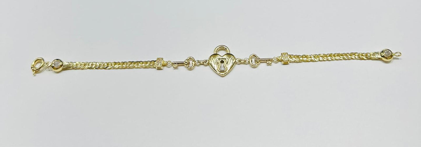 10K GOLD HEART LOCK AND KEY BRACELET 7.5" - 5.8gm