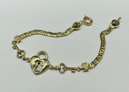 10K GOLD HEART LOCK AND KEY BRACELET 7.5" - 5.8gm