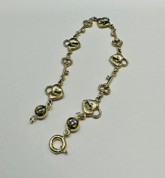 10K GOLD HEART LOCK AND KEY BRACELET 8" - 5.2gm