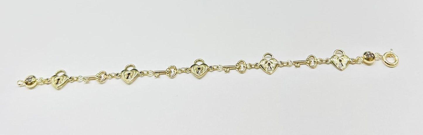 10K GOLD HEART LOCK AND KEY BRACELET 8" - 5.2gm