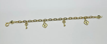 10K GOLD HEART LOCK AND KEY CHARMS OVAL LINK BRACELET 8" - 5.2gm
