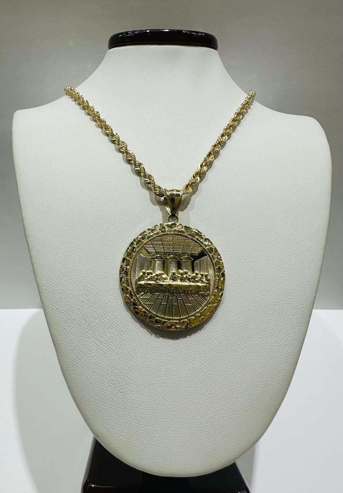 10K GOLD ROUND LAST SUPPER CHAIN AND PENDANT SET  24"  WEIGHT: 13.4gm